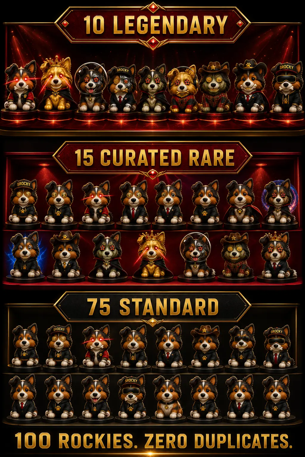 Rarity breakdown poster: 10 Legendary, 15 Curated Rare, 75 Standard Rockies