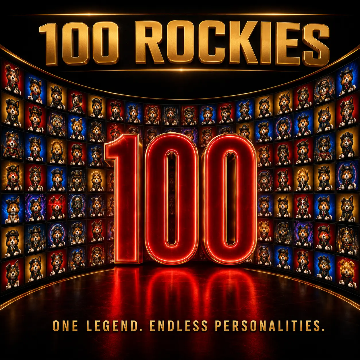 A curved wall of all 100 unique Rocky NFT artworks