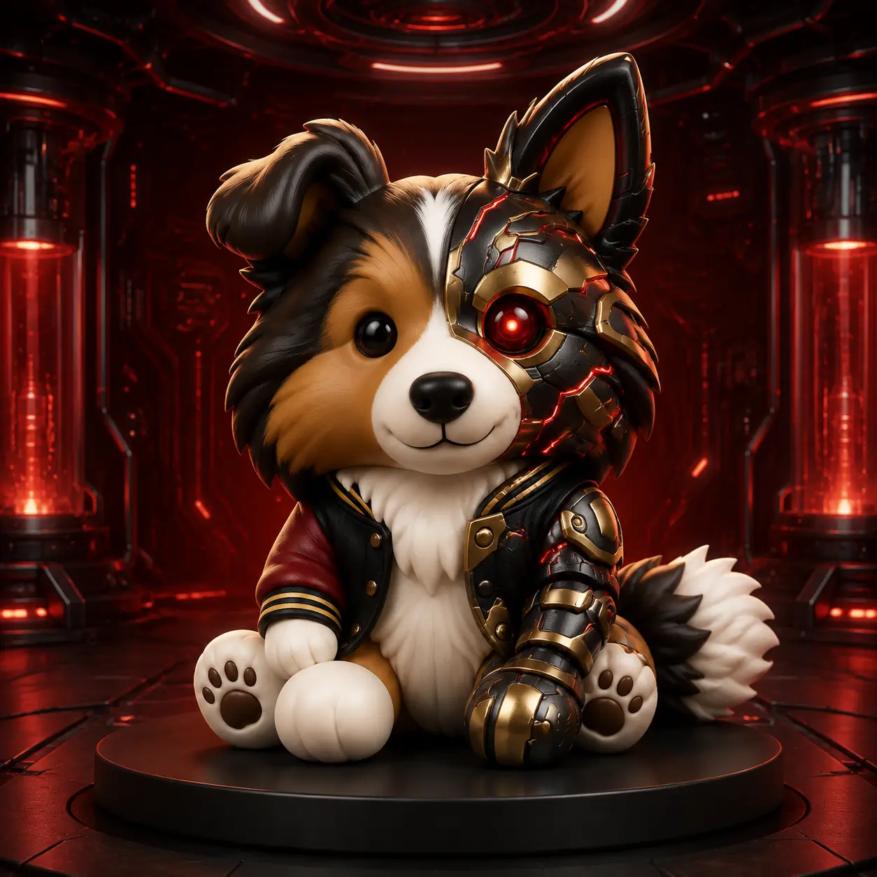 Cyborg Rocky with a glowing red eye and gold armour